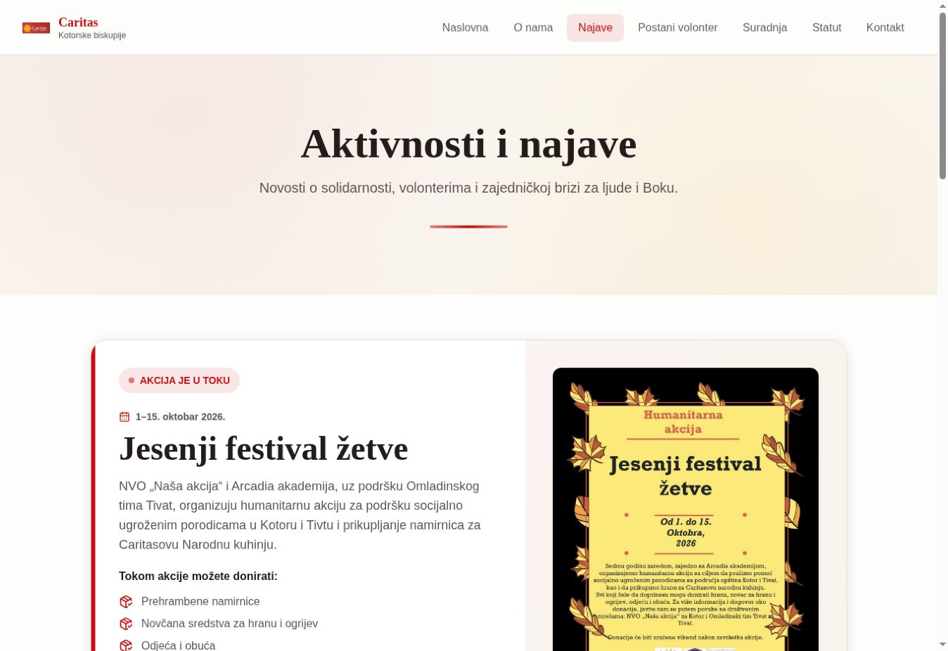 Activities and announcements page on the published Caritas Kotorske biskupije website.