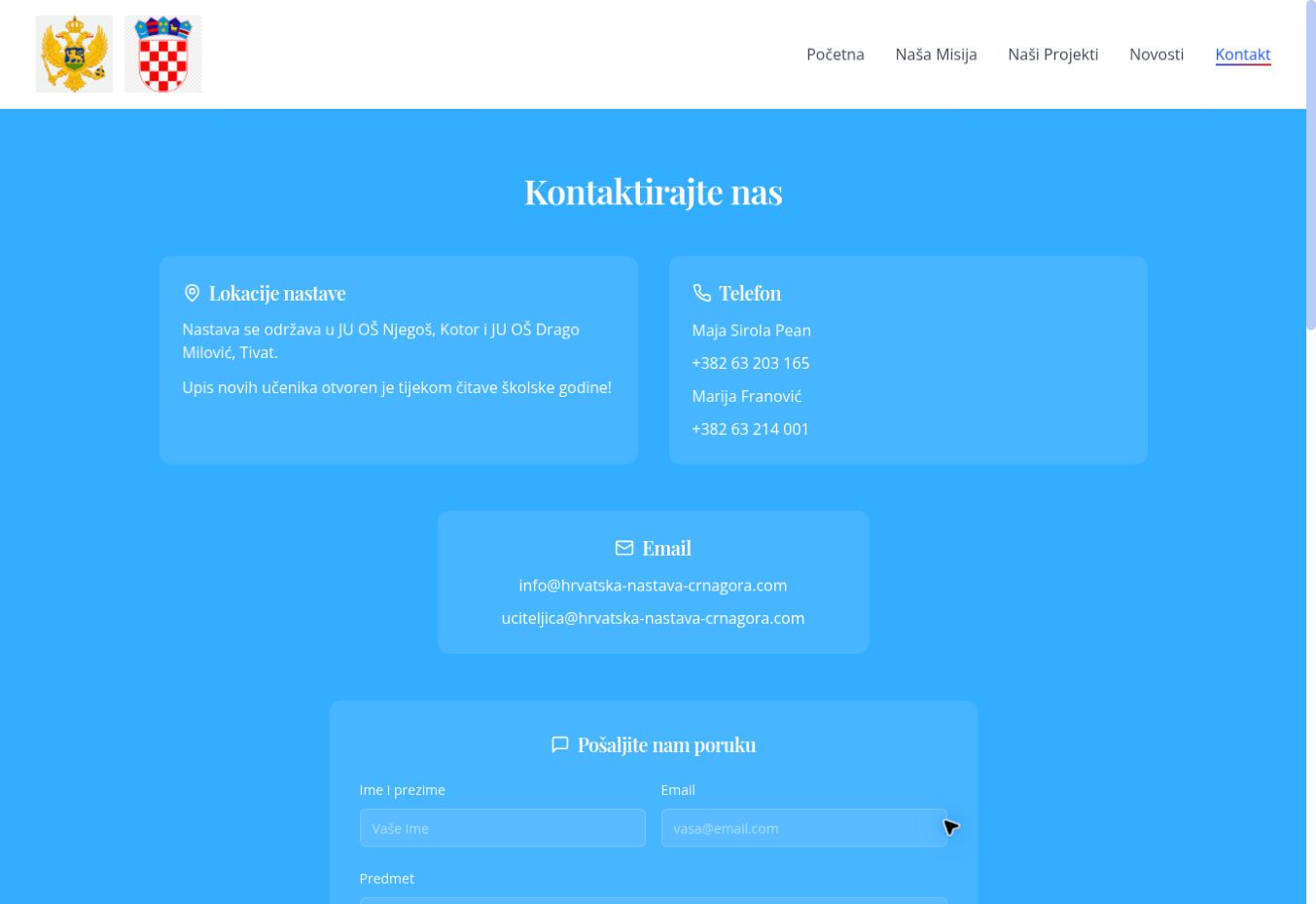 Contact page of Hrvatska nastava Crna Gora showing class locations and contact options.