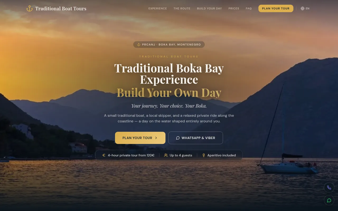 Početna strana sajta Kotor Bay Whispers — hero „Build Your Own Day“ za ture barkom preko zalaska sunca nad Bokom.